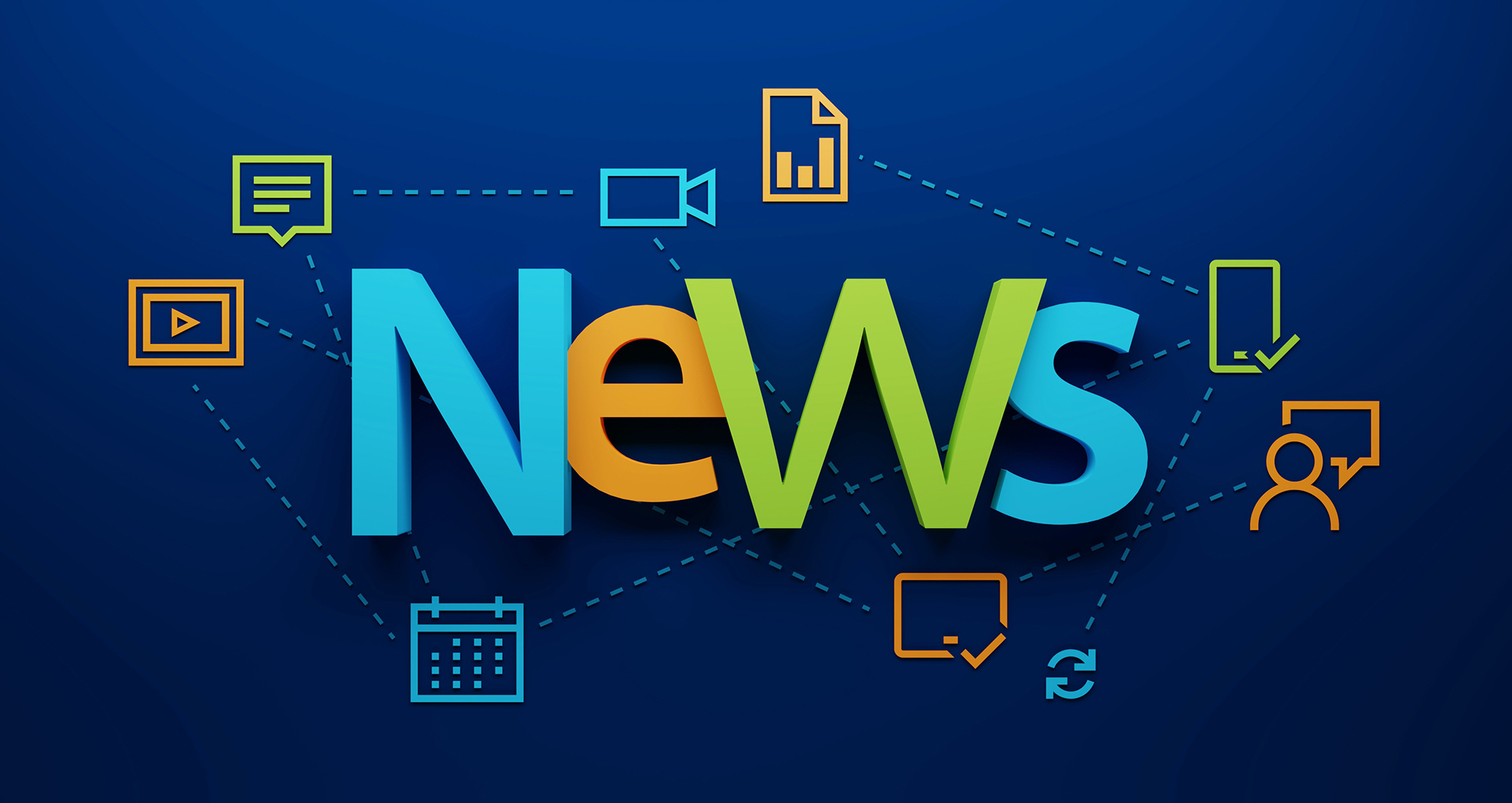 3D render of NEWS typography with icons on blue background